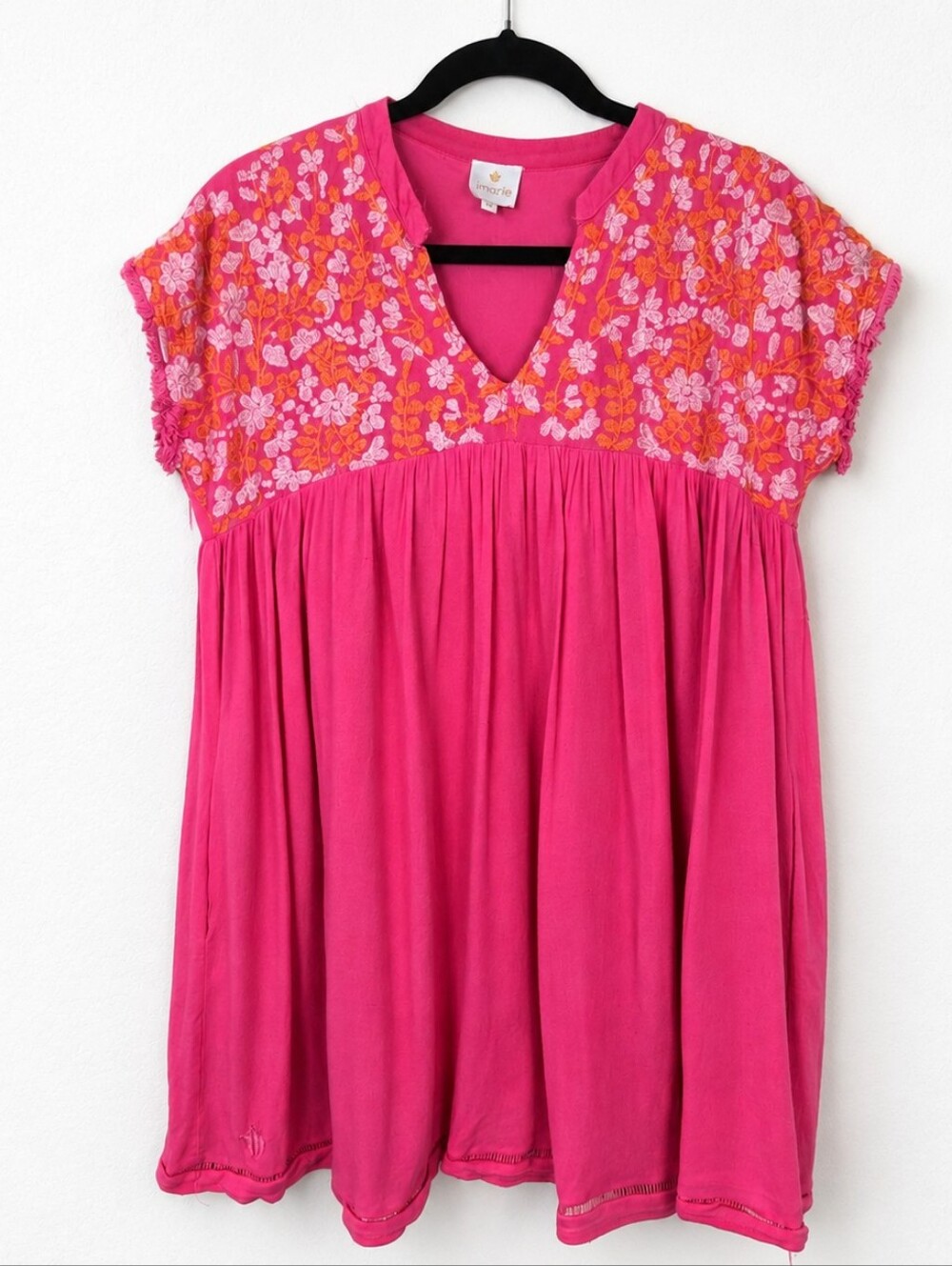 J.Marie Pink Embroidered Tunic Top XS Boho Floral Frayed Sleeve Babydoll
